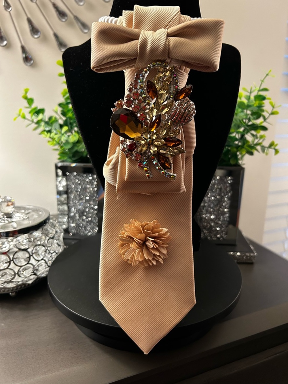 Beige (champagne) Embellished Decorative Tie with Brooch
